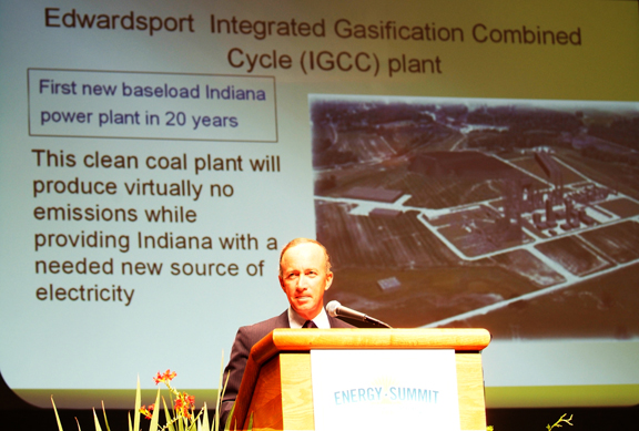 Indiana Governor Mitch Daniels made sure his regulators would force Duke's Indiana customers to take the risk for the Edwardsport plant. Here he is shown making that case before the "Energy Summit of Southwest Indiana" held on August 30, 2007, the day before the IURC held a public hearing on the plant. Photo © 2007, John Blair